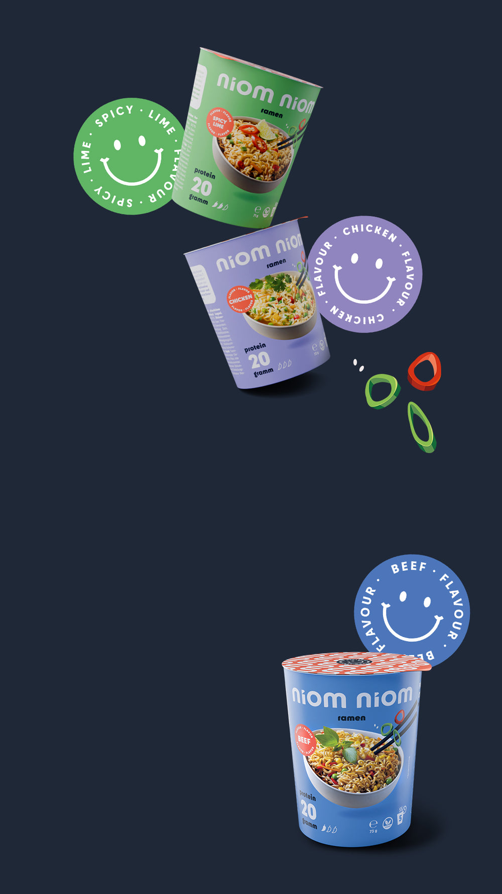 Alle drei Niom Niom Ramen Sorten inklusive Badges
