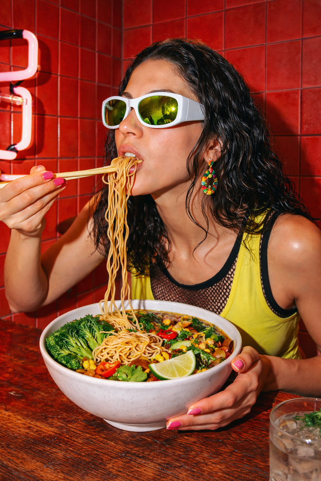 Fancy Frau mit Raver Outfit ist Ramen auf großer Schüssel knallig bunter Hintergrund